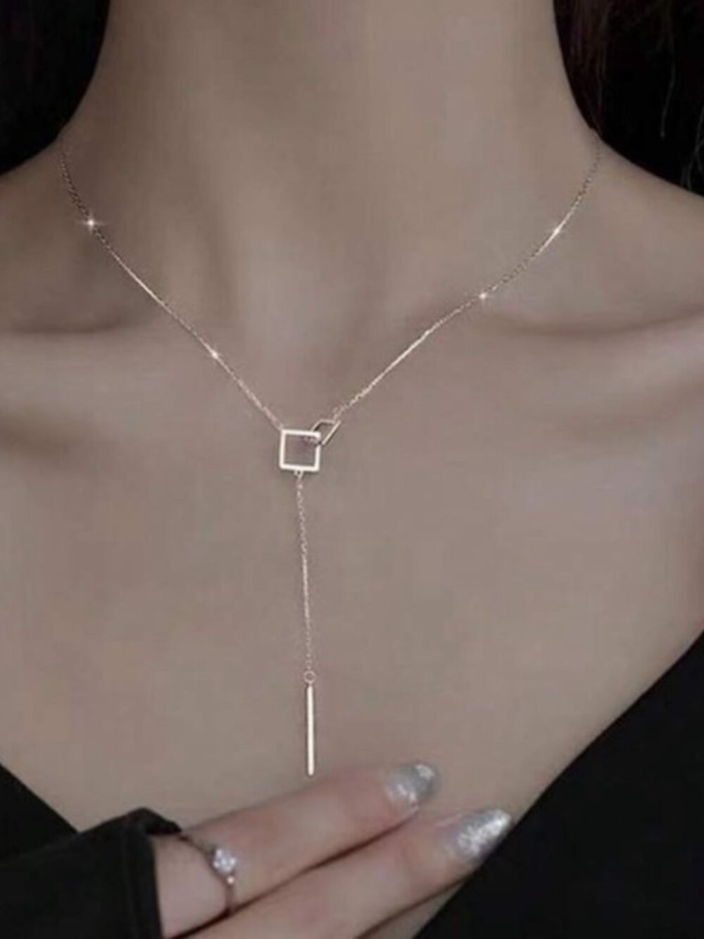 Silver Plated Stainless Steel Geometric Lariat Necklace Minimalist Drop Necklace